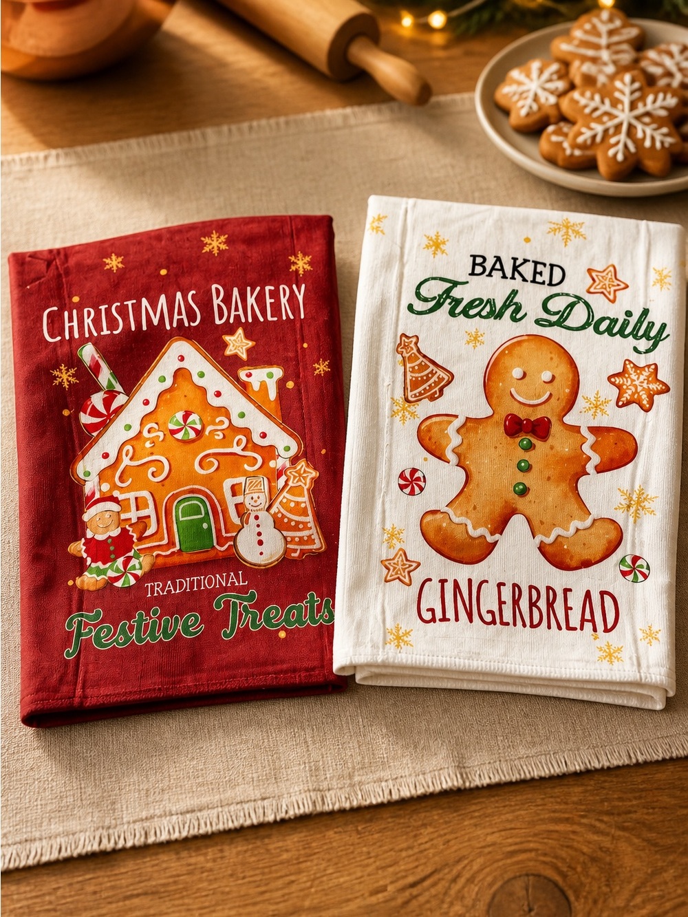 Christmas Bakery Gingerbread Kitchen Towels - Red & White Holiday Set NWOT